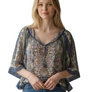 Analili Kimono Sleeve Top Womens Medium/Large Blue Multicolor Metallic Tassels